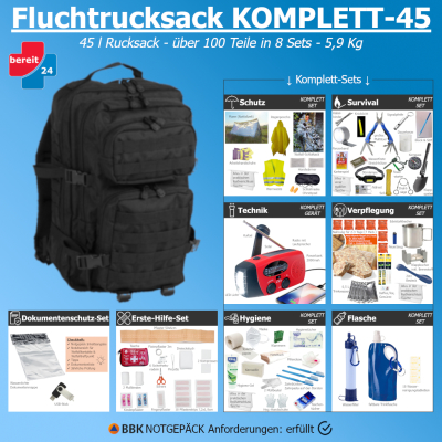 Fluchtrucksack KOMPLETT-45 (Notfallrucksack f&uuml;r 1...