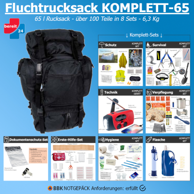 Fluchtrucksack KOMPLETT-65 (Notfallrucksack f&uuml;r 1...